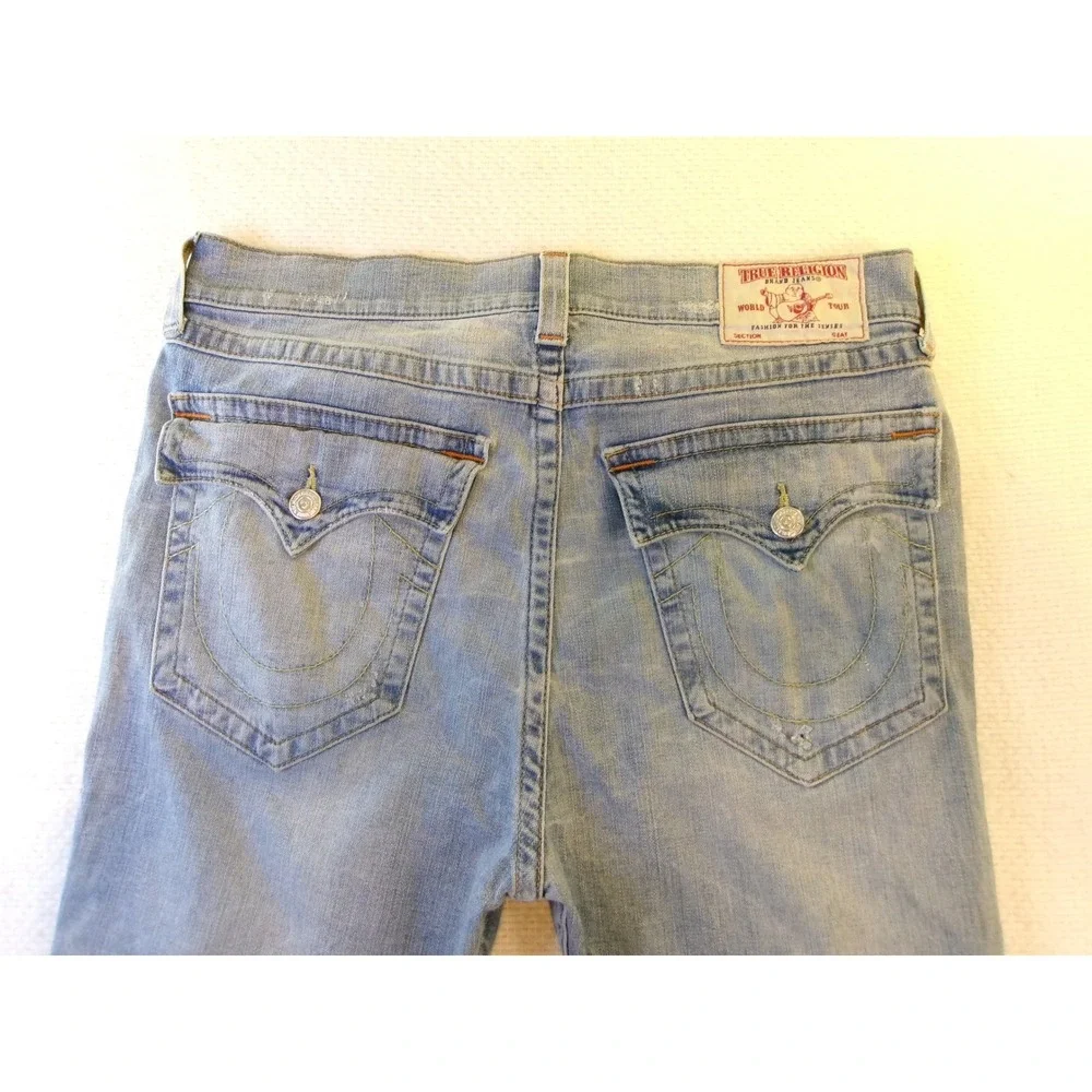 True Religion Mens 34 Slim Drop Rise Jeans Light Blue Flap‎ Pocket Distressed